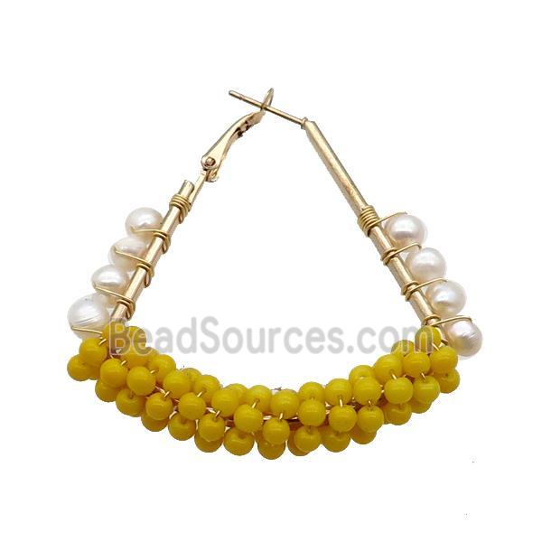 Yellow Pearlized Glass Copper Latchback Earring White Pearl Gold Plated