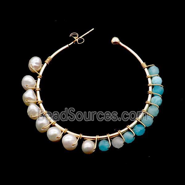 Pearl Copper Stud Earring With Green Amazonite Gold Plated