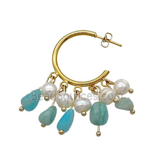 Green Amazonite Pearl Copper Stud Earring Gold Plated