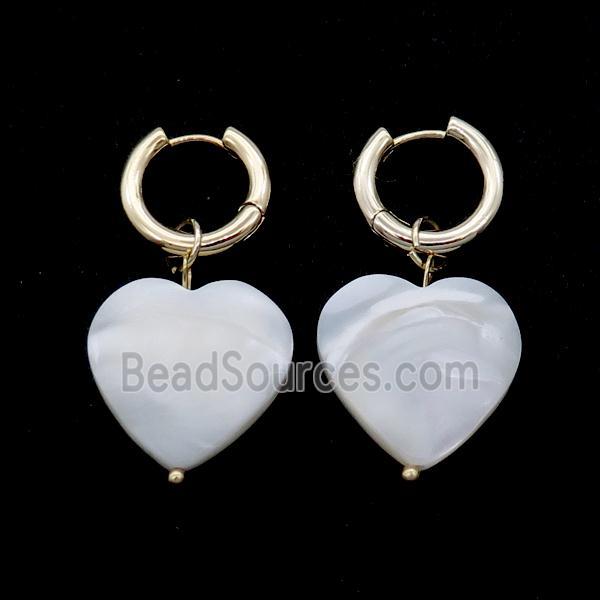 White MOP Shell Copper Hoop Earring Heart Gold Plated