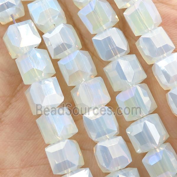 Jadeite Glass Beads, faceted cube, white opalited