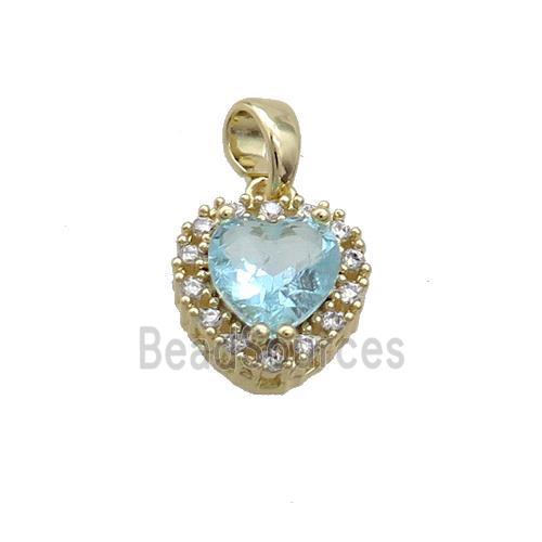 Copper Heart Pendant Pave Aqua Crystal Glass Gold Plated