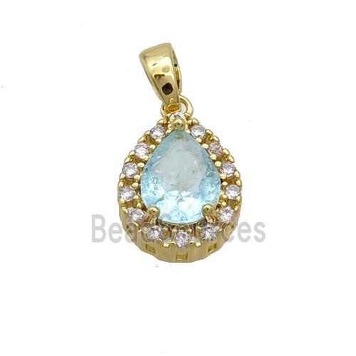 Copper Teardrop Pendant Pave Aqua Crystal Glass Gold Plated