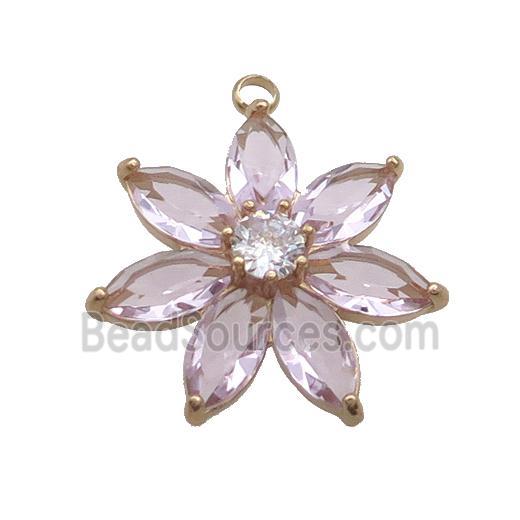 Copper Flower Pendant Pave Pink Crystal Glass Gold Plated