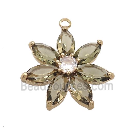 Copper Flower Pendant Pave Smoky Crystal Glass Gold Plated