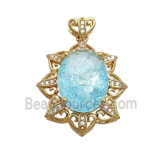 Copper Flower Pendant Pave Blue Crystal Glass Gold Plated