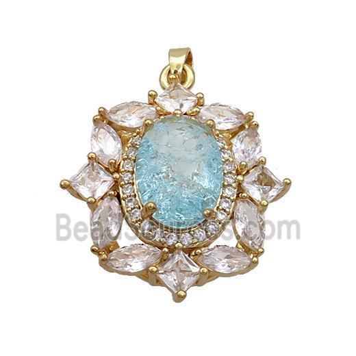 Copper Flower Pendant Pave Blue Crystal Glass Gold Plated