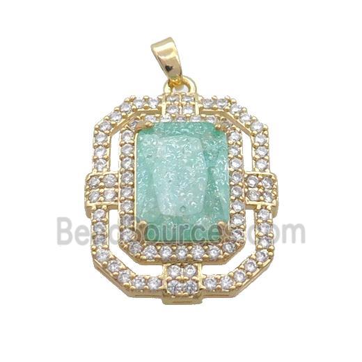 Copper Rectangle Pendant Pave Green Crystal Glass Gold Plated