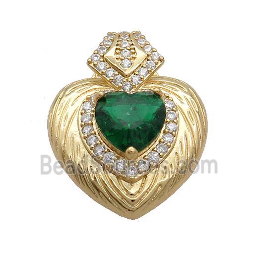 Copper Heart Pendant Pave Green Crystal Glass Gold Plated