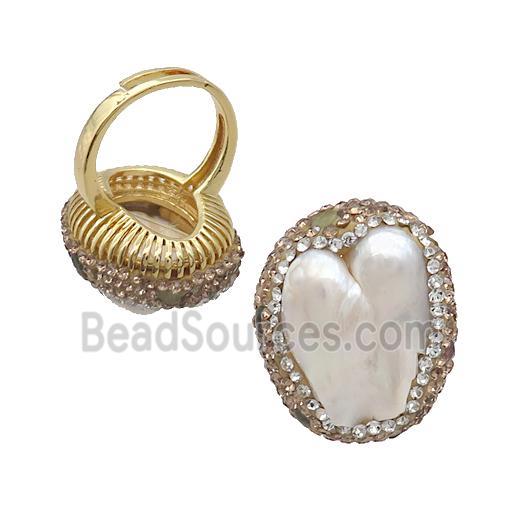 Pearl Ring Pave Rhinestone Adjustable Gold Plated