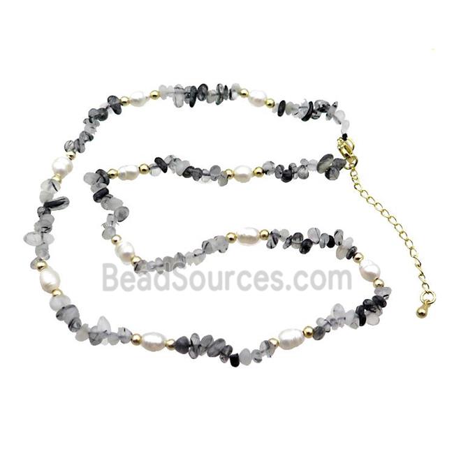 Black Rutilated Quartz Necklace With Pearl