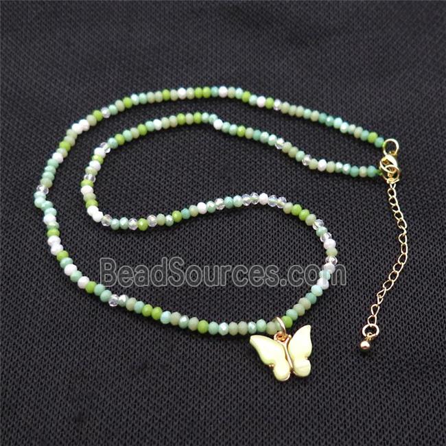 Green Crystal Glass Necklace With Resin Butterfly