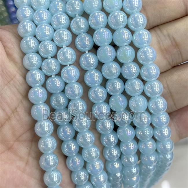 Blue Jadeite Glass Beads Smooth Round Electroplated