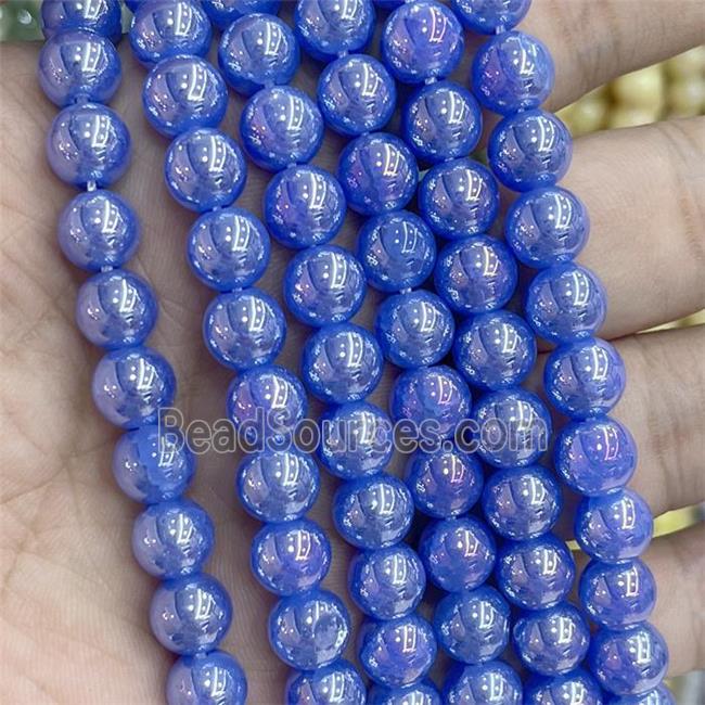 Blue Jadeite Glass Beads Smooth Round Electroplated