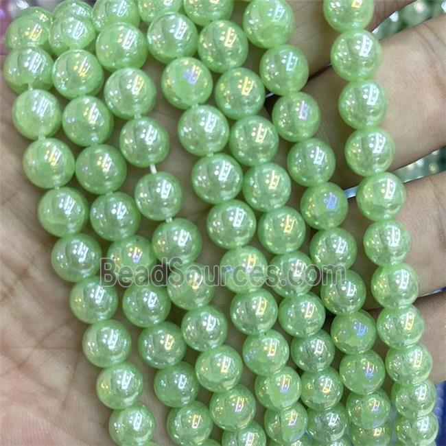 Green Jadeite Glass Beads Smooth Round Electroplated