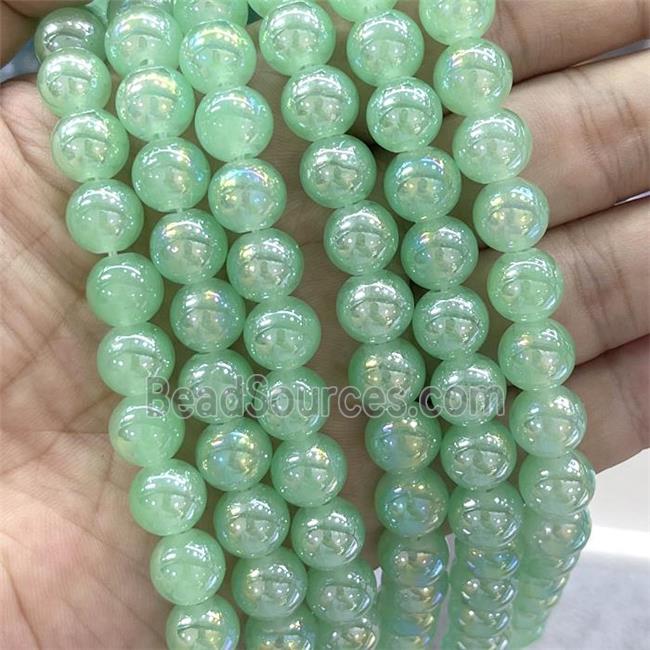 Green Jadeite Glass Beads Smooth Round Electroplated