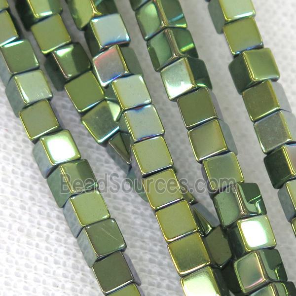 Hematite cube beads, green electroplated