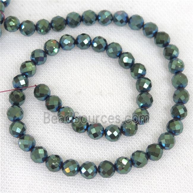 faceted round Hematite beads, green electroplated