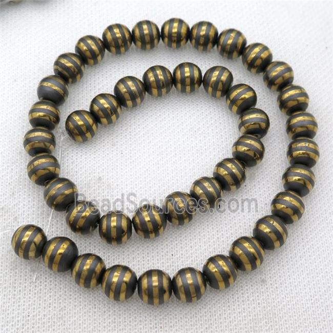 black Hematite beads with golden line, round, matte