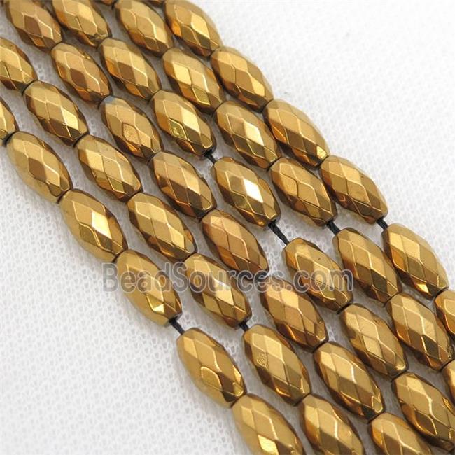 Hematite beads, faceted rice, gold electroplated