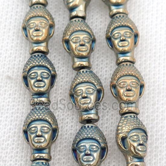 Hematite buddha beads, bluegold electroplated