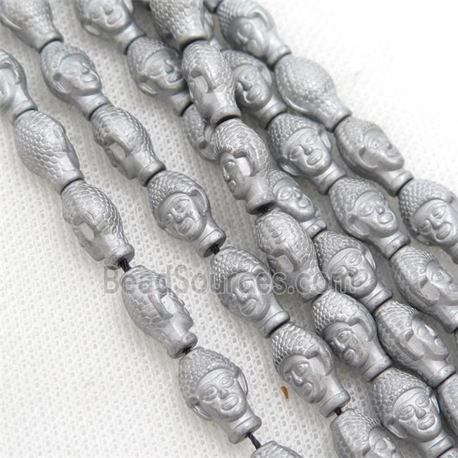 matte Hematite buddha beads, platinum electroplated