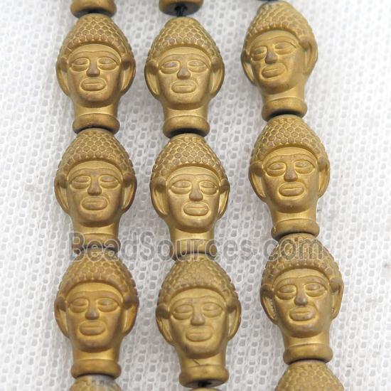 matte Hematite buddha beads, gold electroplated