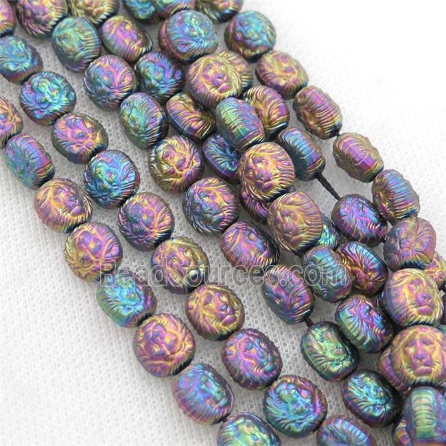 matte Hematite Lion Beads, rainbow electroplated