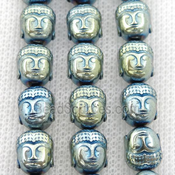 Hematite buddha beads, green electroplated