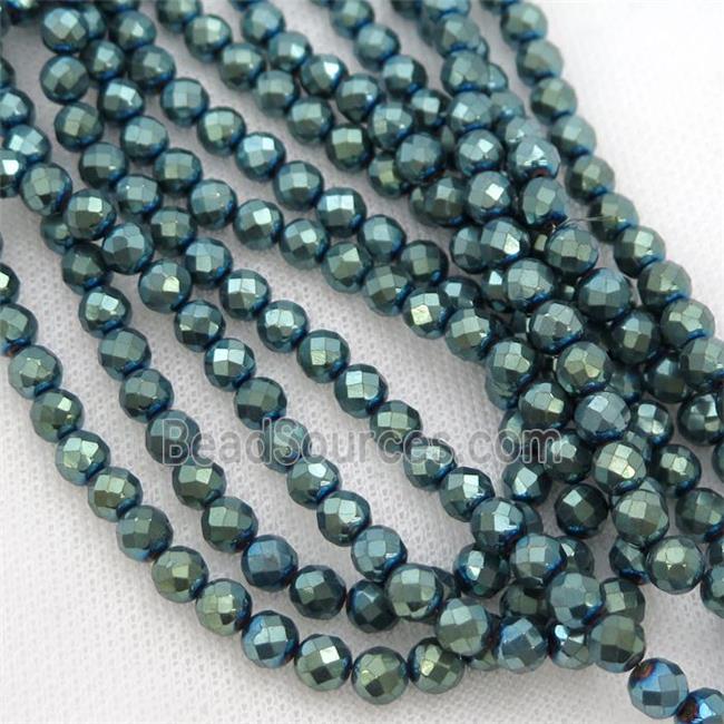 Hematite beads, faceted round, green electroplated