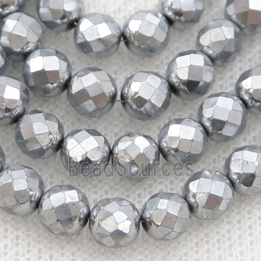 Hematite beads, faceted round, platinum electroplated