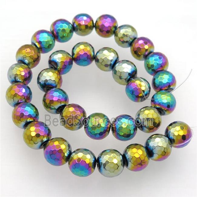 Hematite beads, faceted round, rainbow electroplated