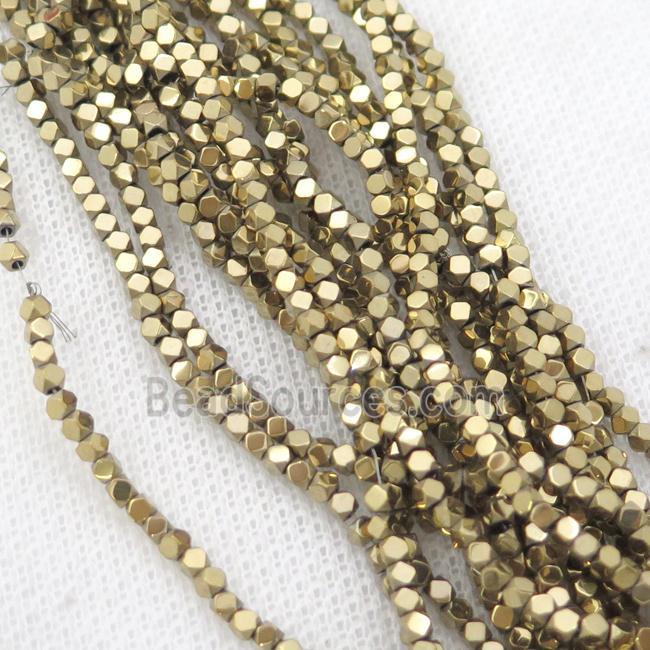 Gold Hematite Beads Faceted Cube Electroplated