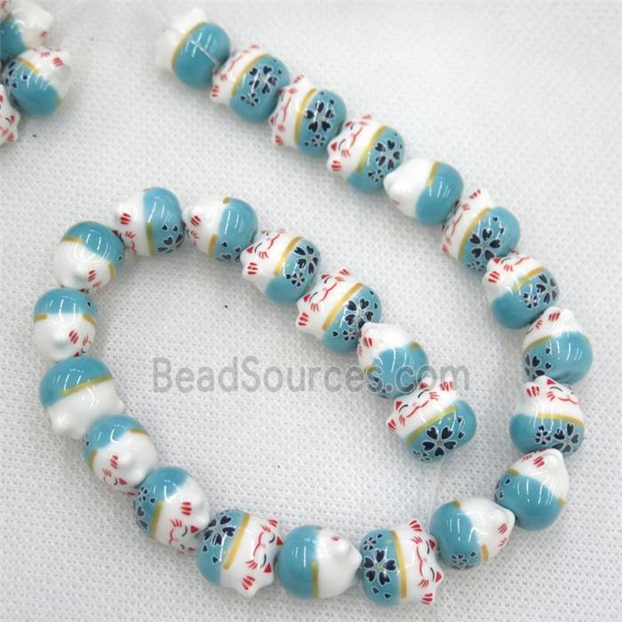 aqua Oriental Porcelain beads, fortune cat