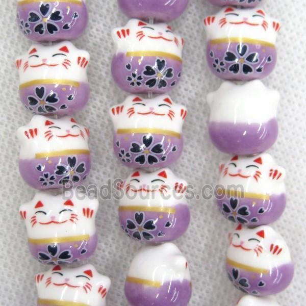 purple Oriental Porcelain beads, fortune cat