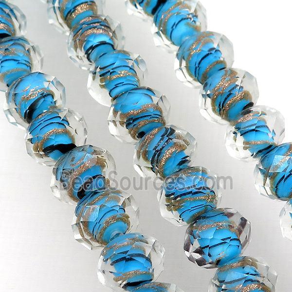 blue Lampwork glass beads, faceted rondelle