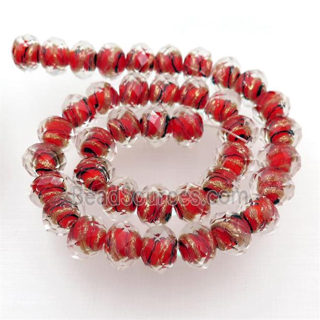 red Lampwork glass beads, faceted rondelle