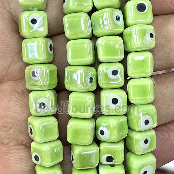 olive Porcelain cube beads, evil eye, electroplated