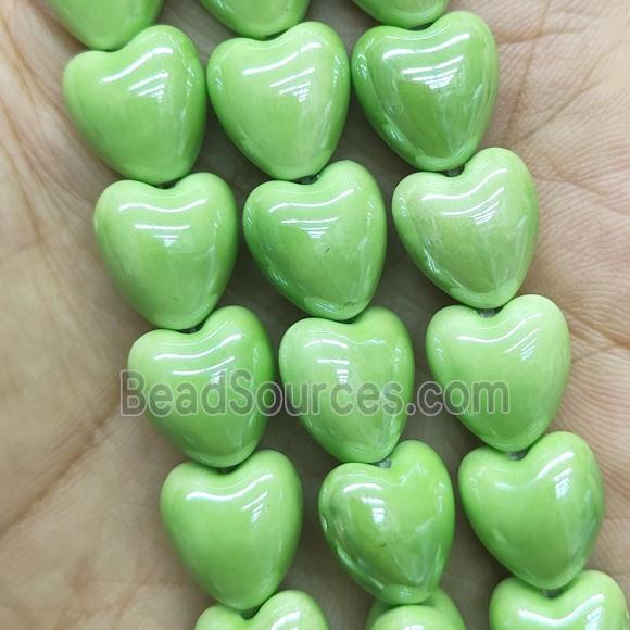 green Porcelain heart beads, electroplated