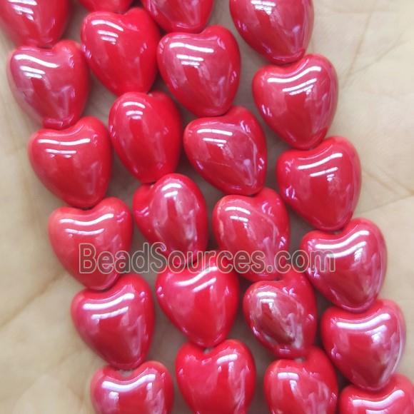 red Porcelain heart beads, electroplated