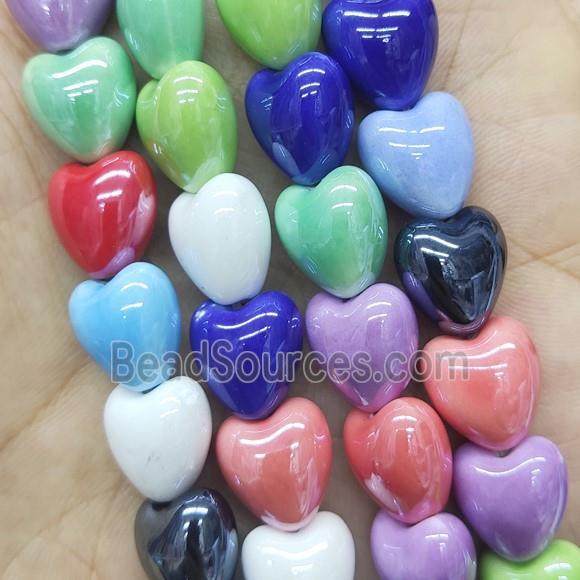 Porcelain heart beads, mixed color, electroplated