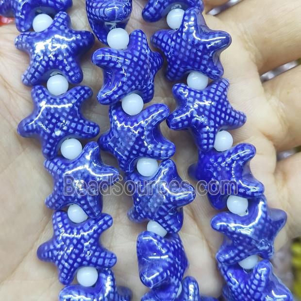 blue Porcelain Starfish Beads, electroplated