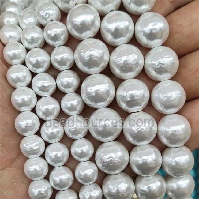 Baroque Style White Pearlized Shell Round Beads Hammered