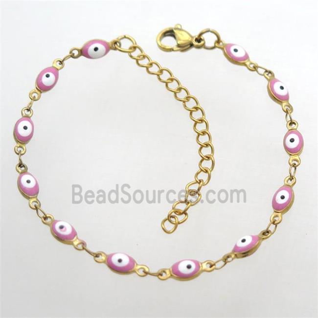 stainless steel bracelet with pink evil eye, Adjustable, gold plated