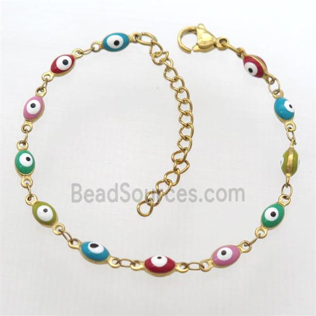 stainless steel bracelet with mixcolor evil eye, Adjustable, gold plated