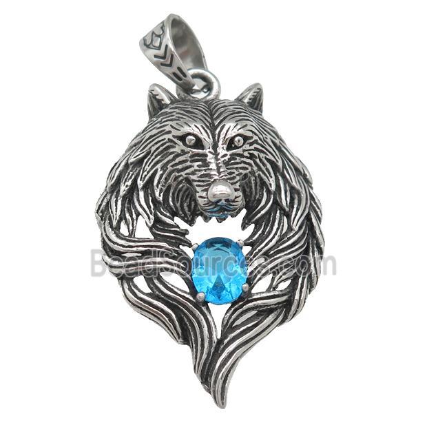 stainless steel wolf pendant, antique silver