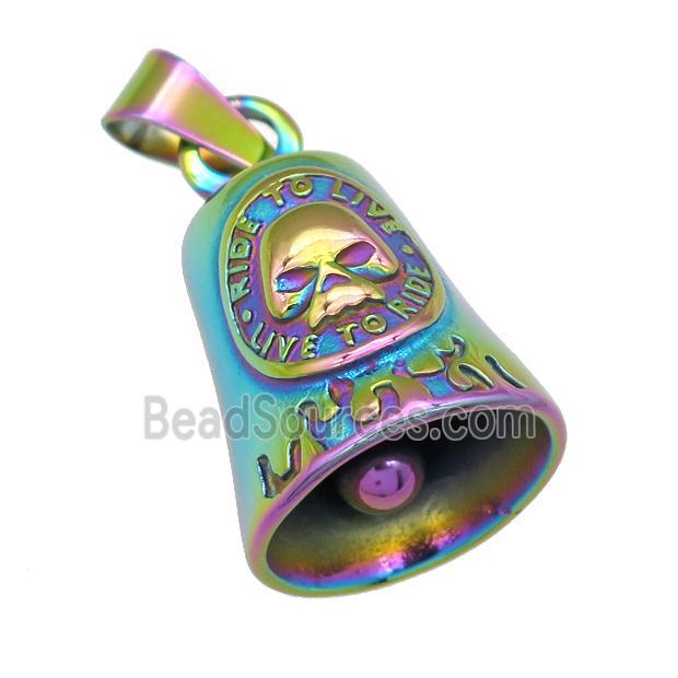 stainless steel Bell pendant, Skull charm, rainbow electroplated