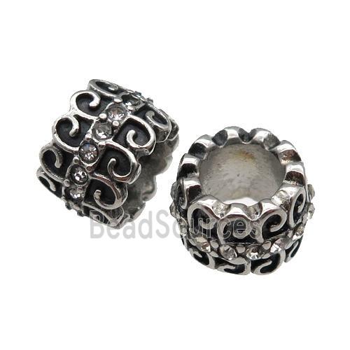 Stainless Steel tube Beads pave rhinestone, large hole, antique silver