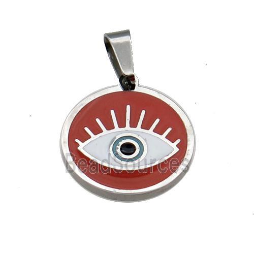 Raw Stainless Circle Eye Pendant Red Enamel