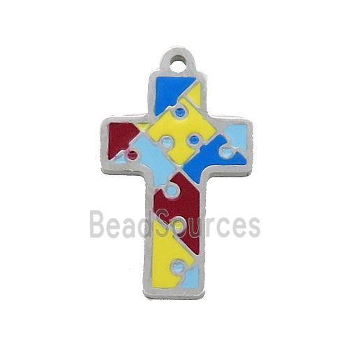 Raw Stainless Steel Cross Pendant Multicolor Enamel